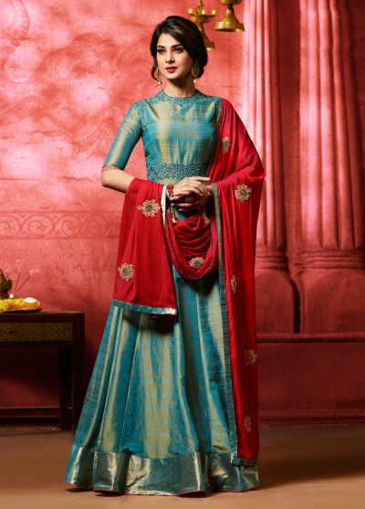 Jennifer winget blue banarasi silk party wear anarkali 11011