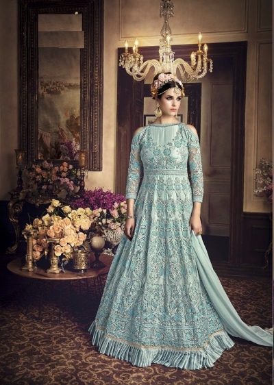 Blue color net wedding anarkali 107