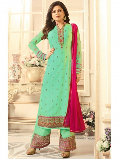 Drashti Dhami turquoise semi stitched embroidered suit 1807