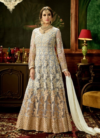 Cream net bridal wear embroidery work anarkali style 3881