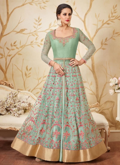 Sea green color net party wear anarkali kameez