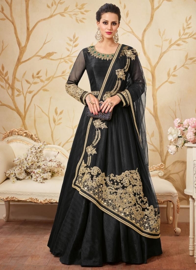 Black german silk party wear anarkali kameez