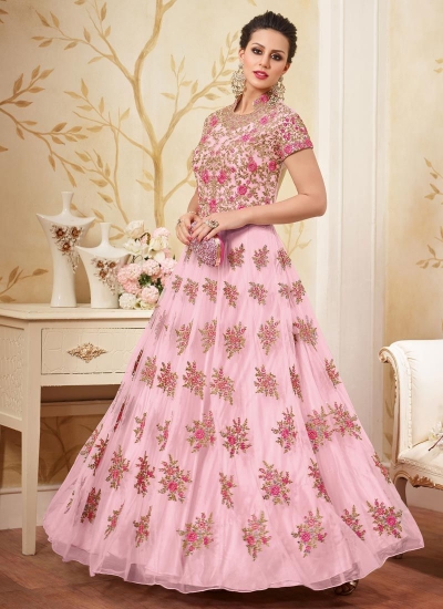 Light pink color net party wear anarkali kameez