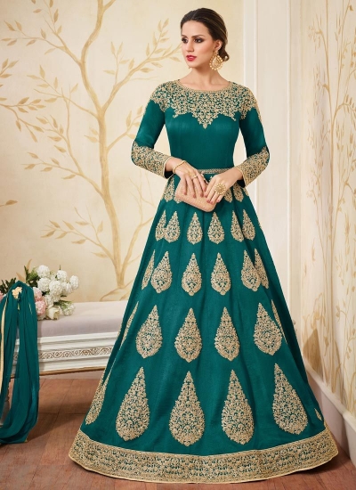 Teal green color thapa silk party wear anarkali kameez