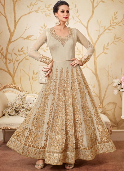 Beige color net party wear anarkali kameez