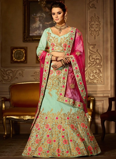 Mint green banglori silk blue and hot pink a line wedding lehenga choli 5002