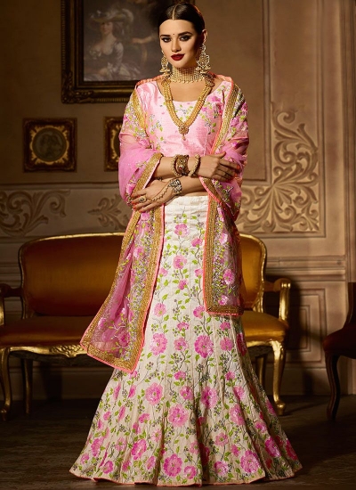 White banglori silk pink and white lace work a line lehenga choli 5010