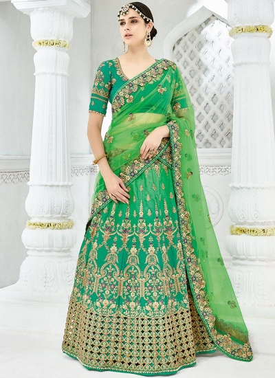 Green satin silk green wedding lehenga choli 1301