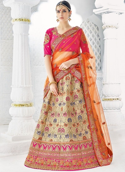 Offwhite orange pink silk wedding lehenga choli 1303