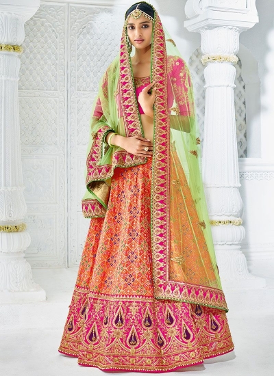 Peach color silk wedding lehenga choli 1304