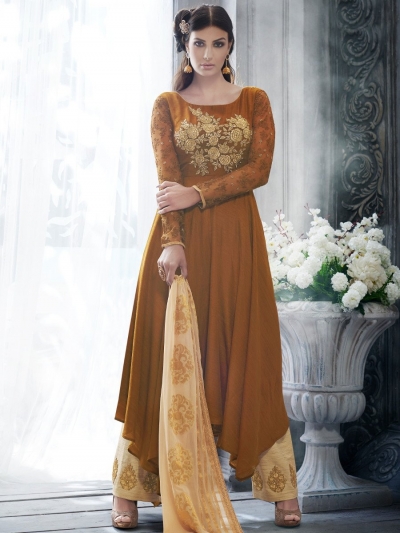 Chocolate brown color handloom silk wedding wear salwar kameez