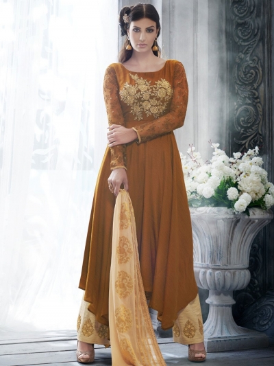 Brown Color Festive Wear Embroidered Georgette Fabric Designer Salwar Suit