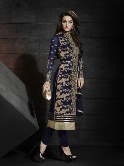 Navy blue color net party wear straight cut salwar kameez