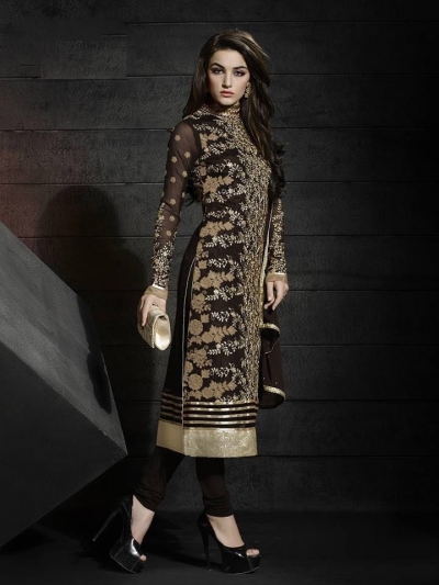 Brown color net party wear straight cut salwar kameez
