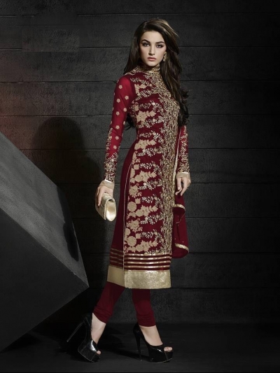 Maroon color net party wear straight cut salwar kameez