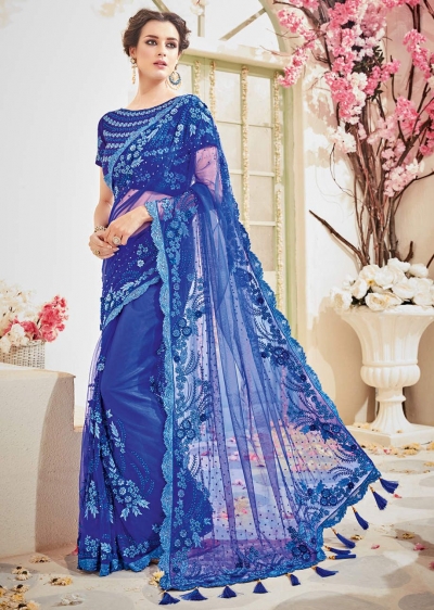 Blue Net Embroidered Partywear Saree 4107