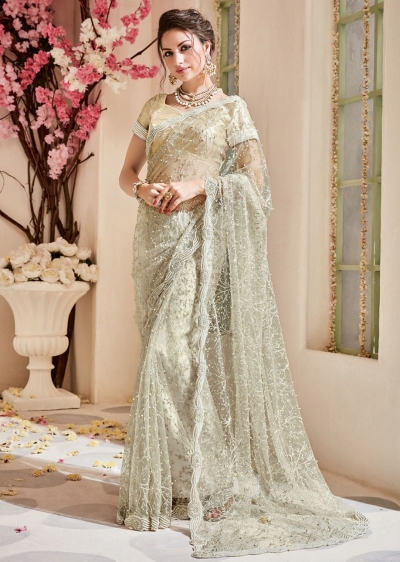 Beige Net Embroidered Partywear Saree 4108