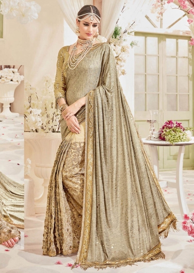 Beige Silk Net Embroidered Wedding Saree 4110