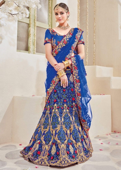 Blue Satin Net Embroidered Wedding Lehenga saree 4115