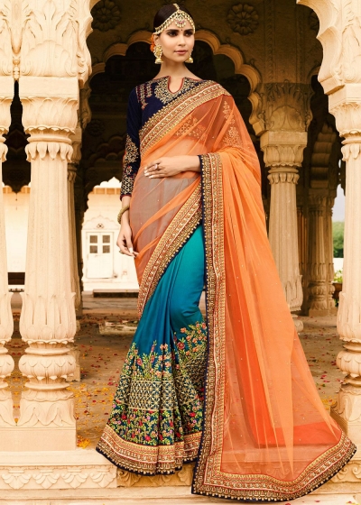Orange blue half and half wedding saree 8003
