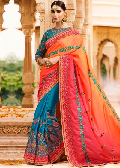 Blue orange art silk wedding saree 8009