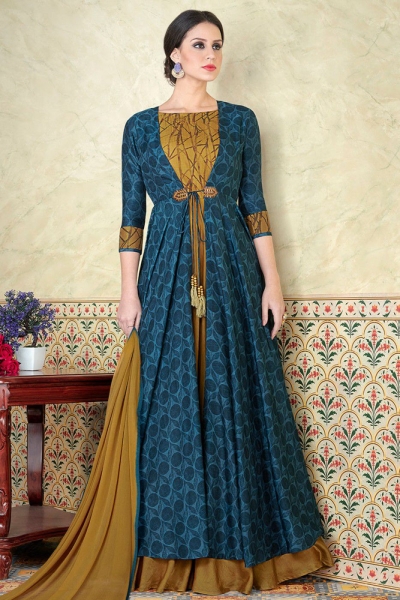 Blue color tussar silk party wear anarkali kameez 5310