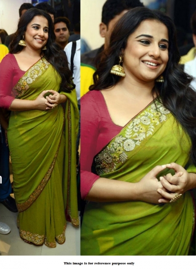 Bollywood style Vidhya Balan green georgette saree