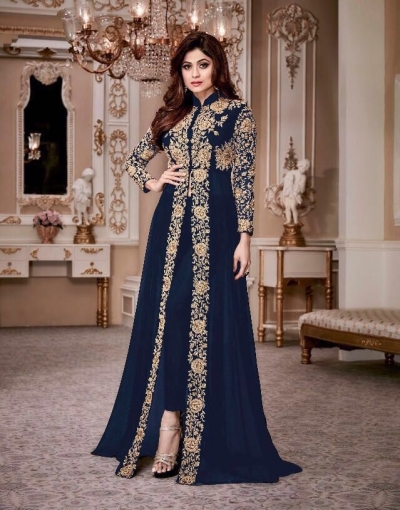 Shamita Shetty Blue color party wear anarkali kameez