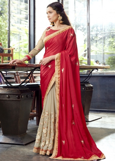 Beige Faux Georgette Embroidered Festive Saree 97074