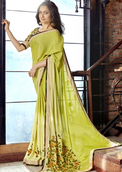 Green Faux Georgette Embroidered Festive Saree 97076