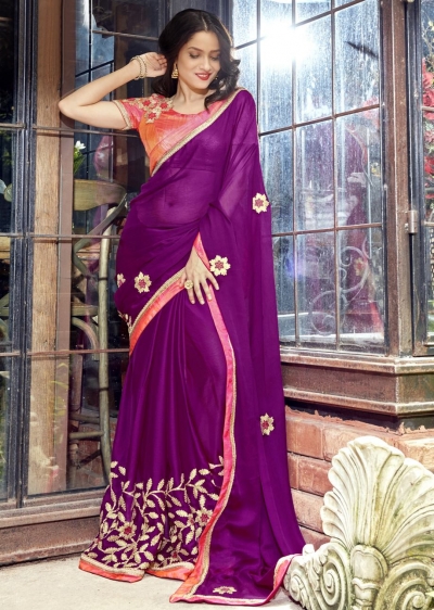 Purple Faux Georgette Embroidered Festive Saree 97078