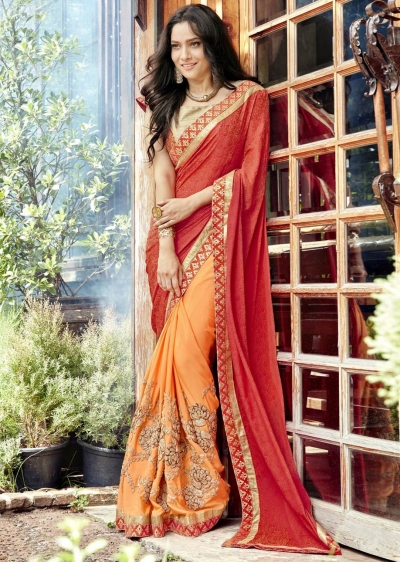 Orange Faux Georgette Embroidered Festive Saree 97079