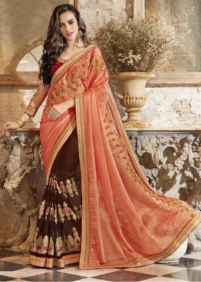 Brown Georgette Chiffon Embroidered Festive Saree 88002