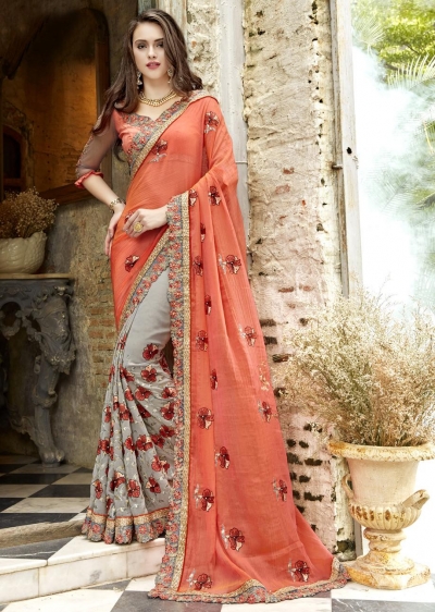 Grey Georgette Chiffon Embroidered Festive Saree 88004