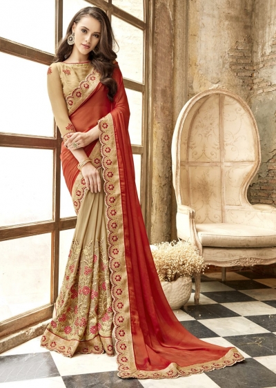 Beige Georgette Chiffon Embroidered Festive Saree 88006