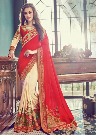 Off White Crape Art Silk Embroidered  Saree 24351