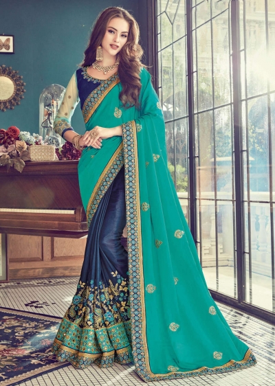 Blue Satin Embroidered  Saree 24352