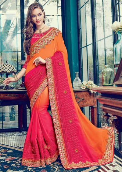 Pink Satin Embroidered  Saree 24353