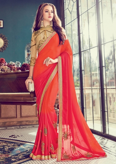 Orange  Satin Art Silk Embroidered  Saree 24354