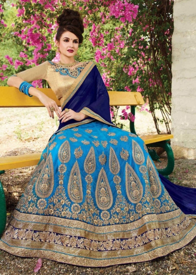 SkyBlue net Embroidered Festive Lehenga choli 10448