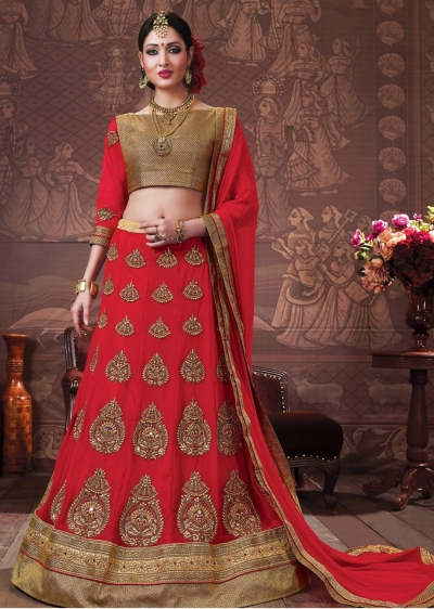 Red Colored Embroidered Faux Georgette Bridal Lehenga Choli 3160