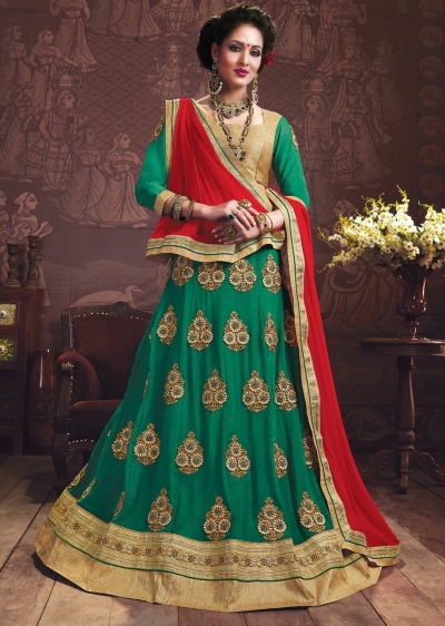 Green Colored Embroidered Faux Georgette Wedding Lehenga Choli 3161