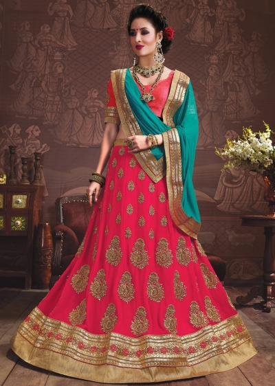 Pink Colored Embroidered Faux Georgette Wedding Lehenga Choli 3164