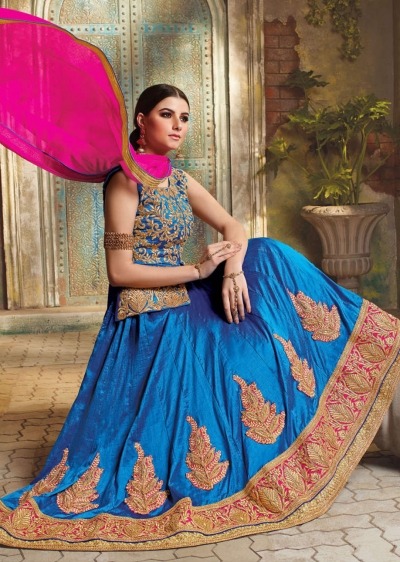 Blue Satin Embroidered Festive Lehenga choli 10461