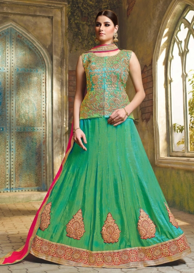 Green Satin Embroidered Festive Lehenga choli 10463