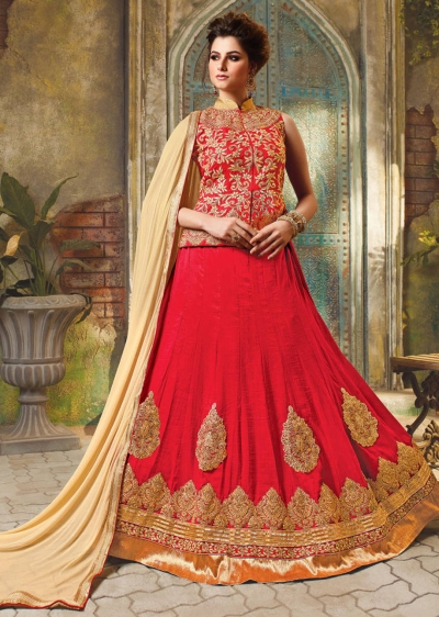 Red Satin Embroidered Festive Lehenga choli 10464