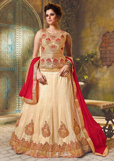 Beige Satin Embroidered Festive Lehenga choli 10465