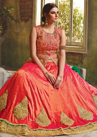 Peach Satin Embroidered Festive Lehenga choli 10466