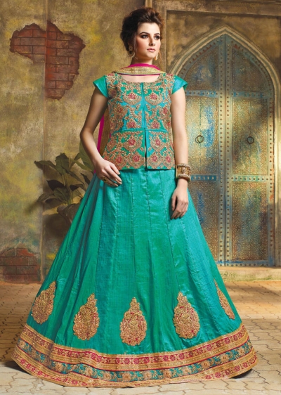 SkyBlue Satin Embroidered Festive Lehenga choli 10468