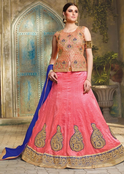 Peach Satin Embroidered Festive Lehenga choli 10469